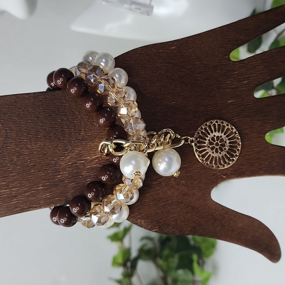 Boho Gold Brown Multi Stretch Bracelet Set - Picture 3 of 6